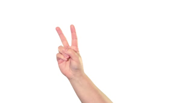 Homme signe de la main victoire sur écran blanc