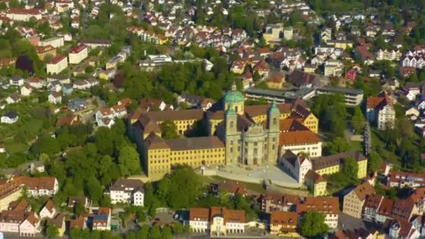 Aerial View City Monastery Weingarten Sunny Day Spring Coronavirus Lockdown — Stock Video