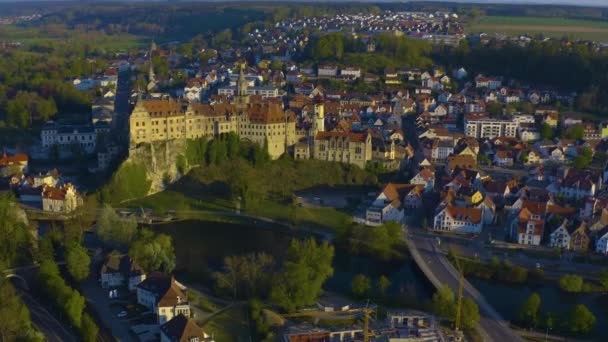 Veduta Aerea Della Città Del Castello Sigmaringen Pomeriggio Sole Primavera — Video Stock