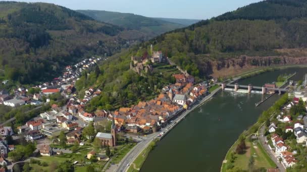 Luftaufnahme Der Stadt Und Der Burg Hirschhorn Deutschland Einem Sonnigen — Stockvideo