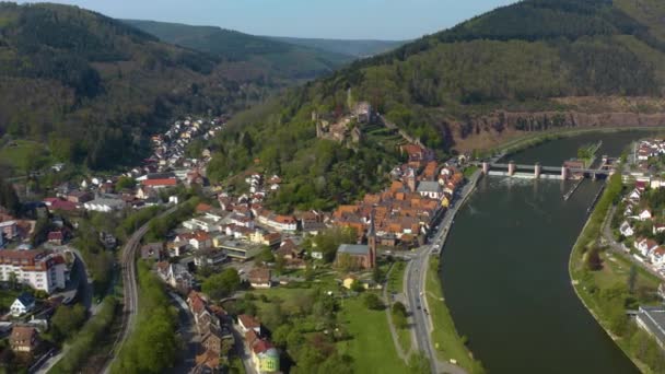 Αεροφωτογραφία Της Πόλης Και Του Κάστρου Hirschhorn Στη Γερμανία Μια — Αρχείο Βίντεο