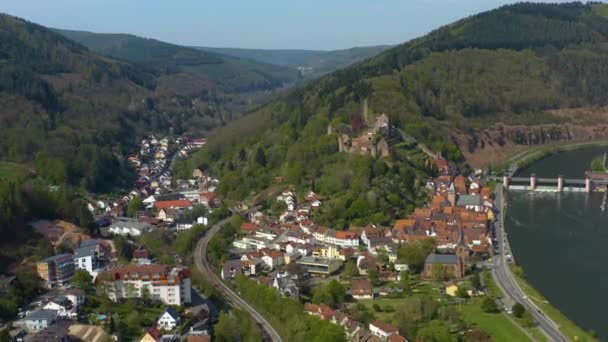 Αεροφωτογραφία Της Πόλης Και Του Κάστρου Hirschhorn Στη Γερμανία Μια — Αρχείο Βίντεο