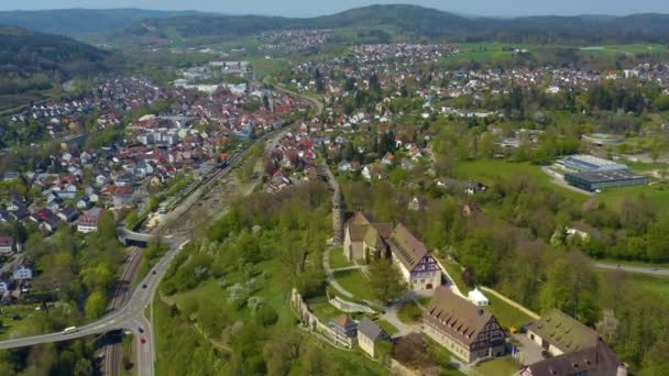 Luchtfoto Van Stad Lorch Duitsland Een Zonnige Lentedag Tijdens Afsluiting — Stockvideo