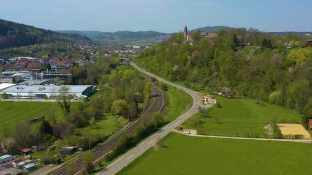 Vista Aérea Ciudad Lorch Alemania Soleado Día Primavera Durante Cierre — Vídeos de Stock