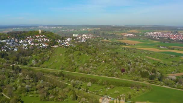 Luchtfoto Van Englbergturm Stad Leonberg Duitsland Een Zonnige Ochtend Het — Stockvideo