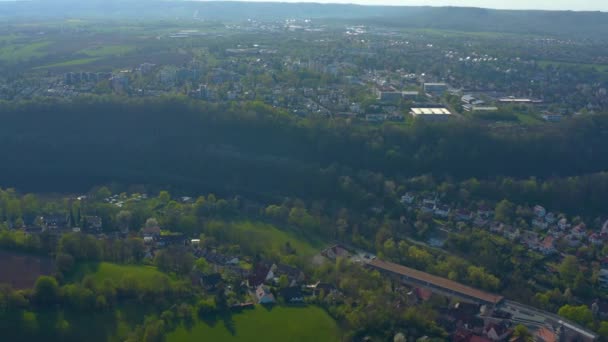 Letecký Pohled Město Schwbisch Sál Kolem Stiftskirche Kostel Německu Slunný — Stock video