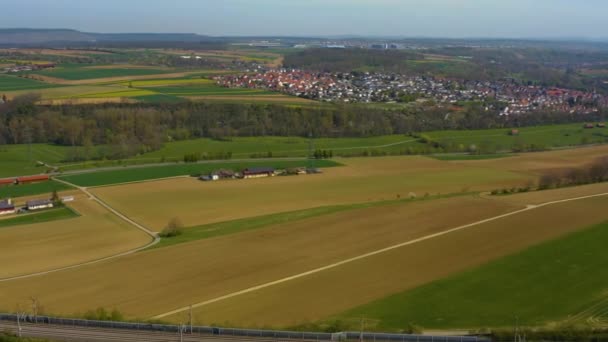 Aerial View City Oberriexingen Fields Train Tracks Streets Germany Sunny — Stock Video