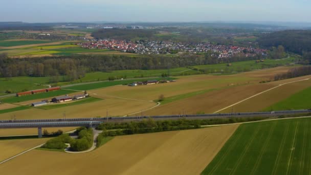 Aerial View City Oberriexingen Fields Train Tracks Streets Germany Sunny — Stock Video