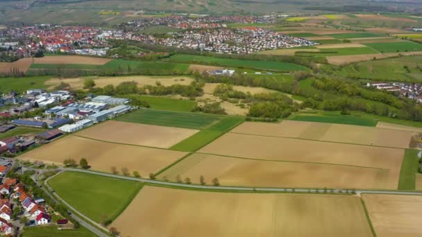 Luchtfoto Rond Het Dorp Stockheim Duitsland Een Zonnige Ochtend Het — Stockvideo