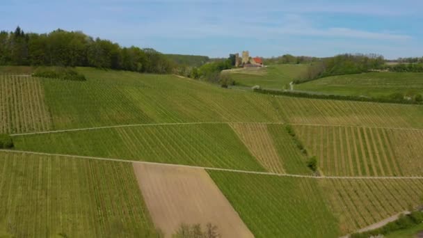 春の初めの晴れた朝にドイツの村と城Neippergの空中ビュー — ストック動画