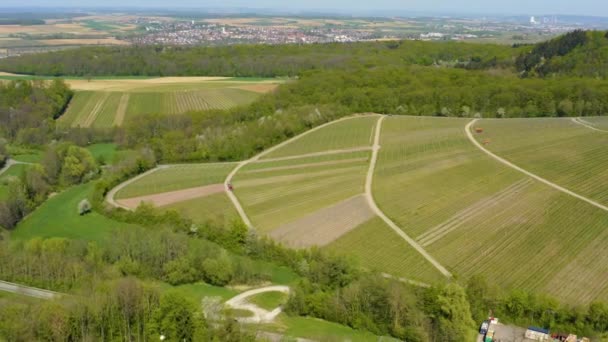 Vue aérienne des champs et des vignobles autour de la ville schweigern en Allemagne par un matin ensoleillé au début du printemps