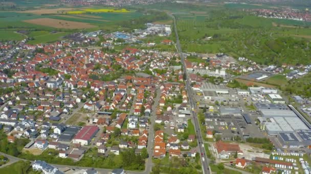 Vista Aérea Ciudad Moessingen Primavera Día Soleado Durante Cierre Del — Vídeos de Stock