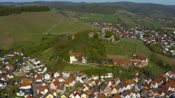 Vista Aérea Del Pueblo Castillo Beilstein Alemania Día Soleado Principios — Vídeo de stock