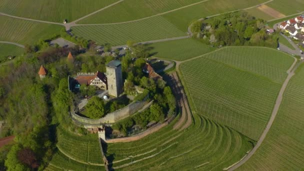 Luftaufnahme Des Dorfes Und Der Burg Beilstein Einem Sonnigen Frühlingstag — Stockvideo