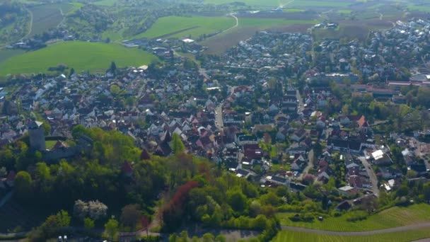 Vista Aérea Del Pueblo Castillo Beilstein Alemania Día Soleado Principios — Vídeo de stock