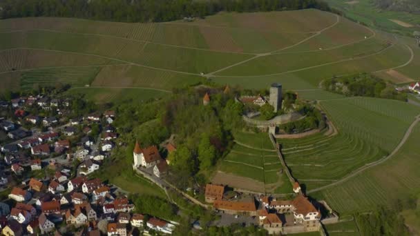 Vista Aérea Del Pueblo Castillo Beilstein Alemania Día Soleado Principios — Vídeo de stock