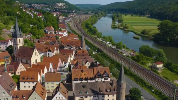 Aerial View City Gemuenden Main Germany Sunny Day Spring Coronavirus — Stock Video