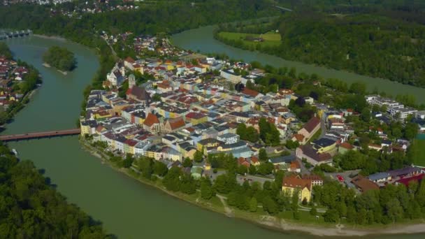 Luchtfoto Van Stad Wasserburg Inn Duitsland Beieren Een Zonnige Lentedag — Stockvideo
