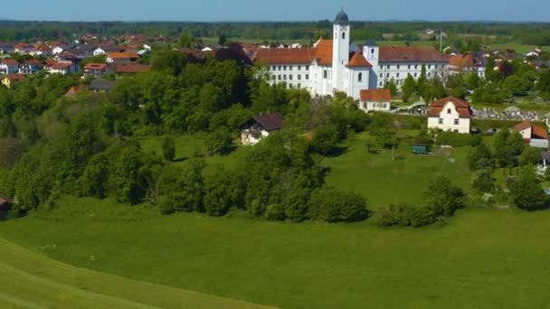 Vista Aérea Del Monasterio Aldea Rott Inn Alemania Baviera Soleado — Vídeos de Stock