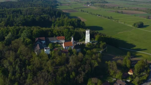 Widok Lotu Ptaka Wioskę Markt Zamek Fugger Niemczech Bawaria Słoneczny — Wideo stockowe