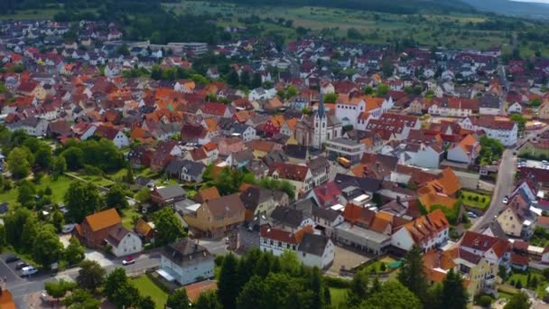 Aeriel view of the city Kleinwallstadt in Germany  on sunny day in spring. During the coronavirus lockdown.