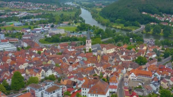 Aeriel Utsikt Över Staden Lohr Main Tyskland Solig Dag Våren — Stockvideo