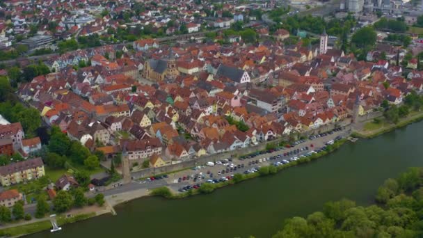 Vista Aérea Ciudad Karlstadt Main Alemania Día Soleado Primavera Durante — Vídeo de stock