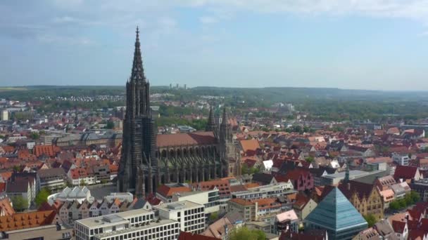 Aerial View Old Town Ulm Mnster Cathedral Germany Sunny Spring — Stock Video