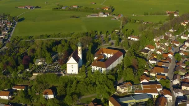 Aerial view of the city and Palace Marktoberdorf in Germany, Bavaria on a sunny spring day during the coronavirus lockdown.