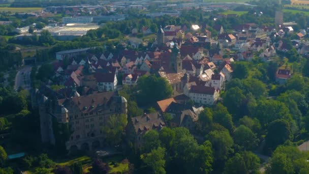 Luftaufnahme Der Altstadt Von Neuenstein Deutschland Einem Sonnigen Morgen Frühling — Stockvideo