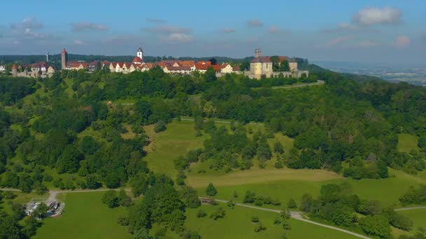 Flygfoto Över Staden Och Slottet Waldenburg Tyskland Solig Dag Våren — Stockvideo