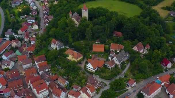 Vista Aérea Cidade Velha Moeckmuehl Alemanha Dia Nublado Primavera — Vídeo de Stock