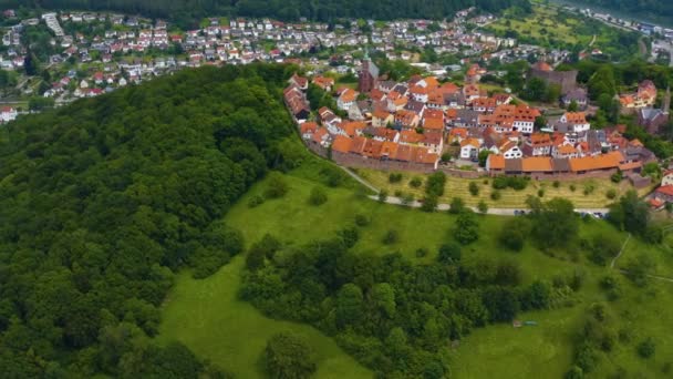 Aerial Dilsberg Castle Germany Neckar River Sunny Day Spring — Stock Video