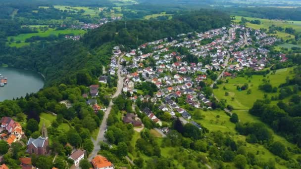 Aerial Castelo Dilsberg Alemanha Lado Rio Neckar Num Dia Ensolarado — Vídeo de Stock