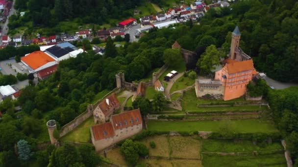 ネッカー川の横にドイツの城Hirschhornの空中 — ストック動画
