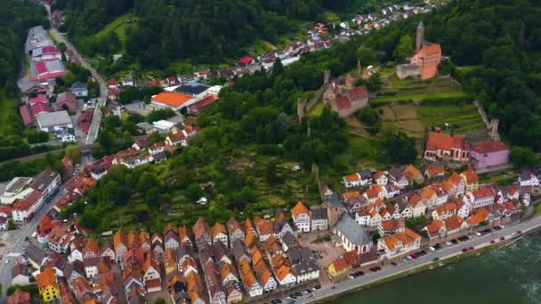 春の晴れた日にネッカー川で城Hirschhornのすぐそばの町Ersheimの空中 — ストック動画