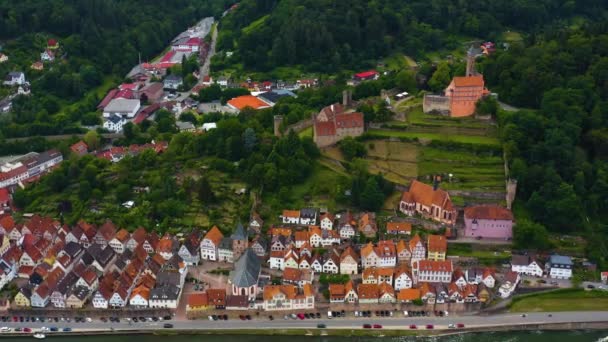 Luchtfoto Van Het Kasteel Hirschhorn Duitsland Aan Rivier Neckar — Stockvideo