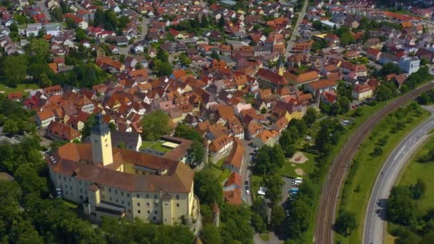 Vista Aérea Desde Ciudad Gundelsheim Castillo Horneck Alemania Pan Derecha — Vídeo de stock