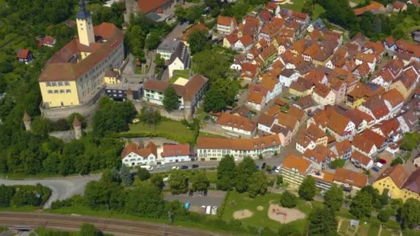 Vista Aerea Dalla Città Gundelsheim Castello Horneck Germania Pan Destra — Video Stock
