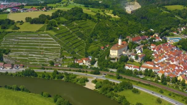 Vista Aerea Dalla Città Gundelsheim Castello Horneck Germania Pan Destra — Video Stock