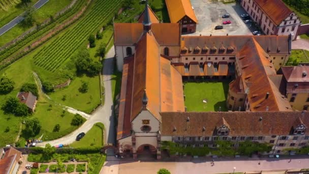 Aerial View Monastery Bronnbach Germany Sunny Day Spring — Stock Video