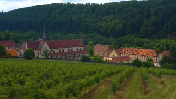 Aerial View Monastery Bronnbach Germany Sunny Day Spring — Stock Video