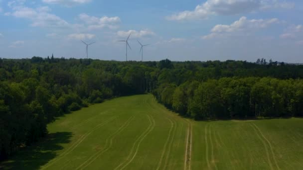 Větrné Turbíny Stromy Slunečním Svitem Německu — Stock video