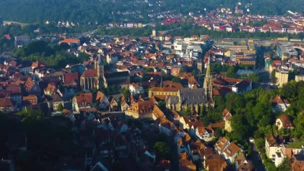 Luchtfoto Van Het Oude Centrum Van Esslingen Duitsland Een Vroege — Stockvideo