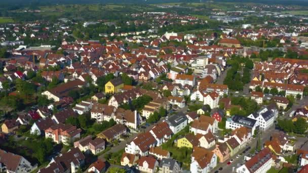 Aerial of the city Kirchheim unter Teck in Germany.  On an early sunny morning in spring.