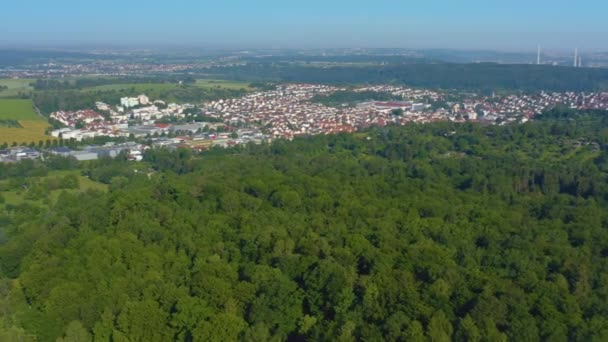 Aérien de Steinbach en Allemagne. La caméra tourne à gauche, vue panoramique sur le village et les champs agricoles, montagnes en arrière-plan. sur une zone forestière