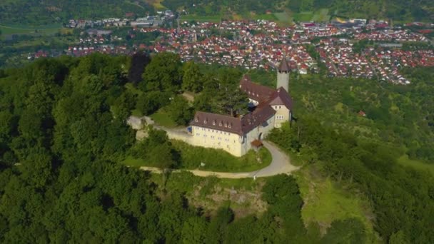 Flygfoto Över Slottet Burg Teck Tyskland Solig Dag Våren — Stockvideo