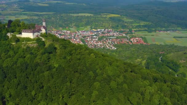 Luftaufnahme Der Burg Teck Deutschland Einem Sonnigen Frühlingstag — Stockvideo