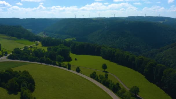 ドイツのシュビッシュ アルブの空中 後ろに風力タービンがある草原を飛ぶ — ストック動画