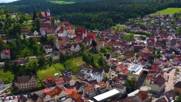 Almanya Nın Altensteig Kentinin Havadan Görünüşü Baharın Güneşli Bir Gününde — Stok video